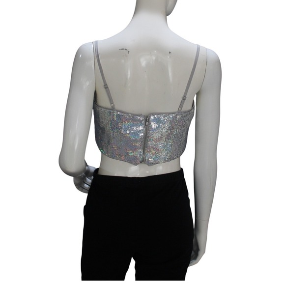 GB Silver Sequin Crop Top Bandeau Style Spaghetti Straps Size M NWT - Picture 2 of 8
